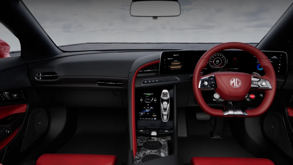 Interior and Features: Luxury Meets Tech Cabin Layout The Cyberster’s interior is driver-focused, resembling the cockpit of a concept car. Triple-screen dashboard: 10.25-inch digital driver display Dual 7-inch infotainment and vehicle control screens angled toward the driver Flat-bottomed steering wheel with regen paddles and launch-control knob Premium Alcantara + leather upholstery with red accents Ambient lighting with 64 customizable colors Key Features Ventilated, 6-way power-adjustable front seats with memory function BOSE 8-speaker audio system Dual-zone climate control with PM2.5 air purification Wireless charging, Android Auto, Apple CarPlay Vehicle-to-load (V2L): Can charge external devices like laptops or power tools Smart Key, voice control, remote climate start Infotainment System Runs on Qualcomm Snapdragon 8155 chip Uses Unreal Engine 4 for responsive and vivid graphics Connected car tech includes OTA updates, live navigation, remote diagnostics